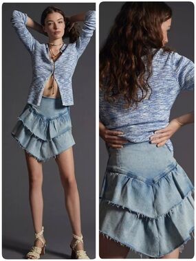 MOTHER The Ruffle Mini Raw Edge Skirt Action Shot Denim Jean Asymmetrical Tiered